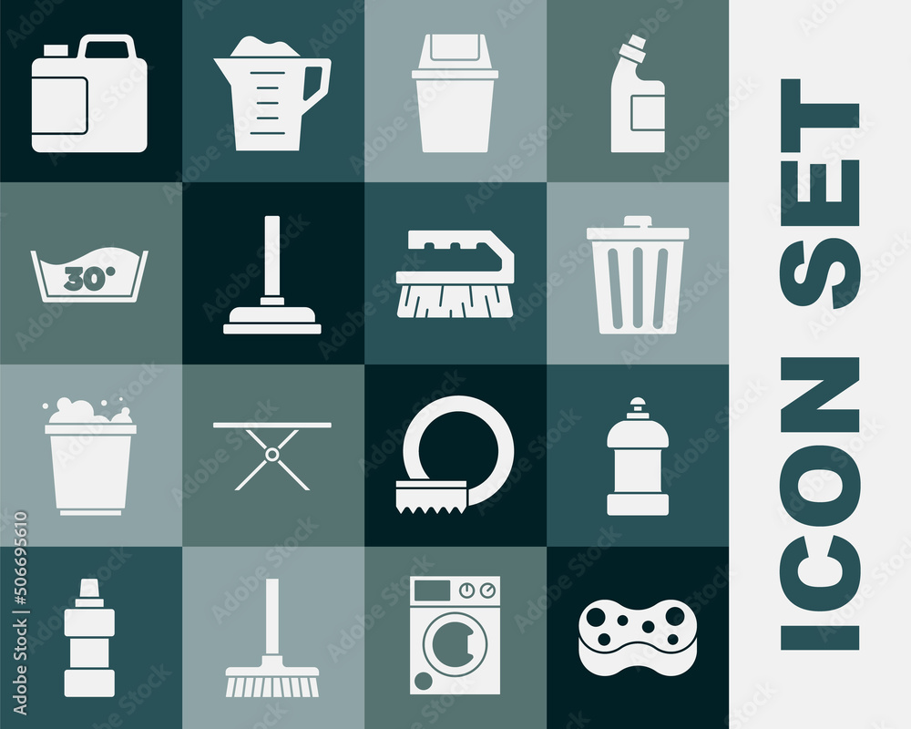 Set Sponge, Bottle for cleaning agent, Trash can, Rubber plunger, Temperature wash, and Brush icon. 