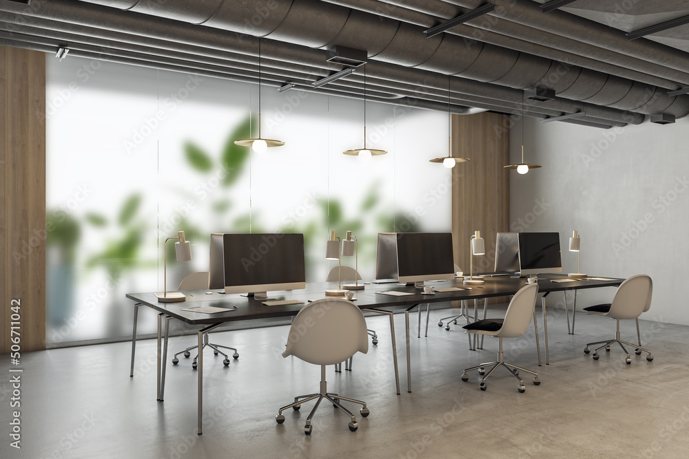 Perspective view on stylish row of work places in industrial interior design office with white chair