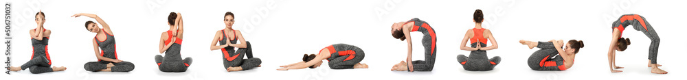 Set of sporty young woman practicing yoga against white background