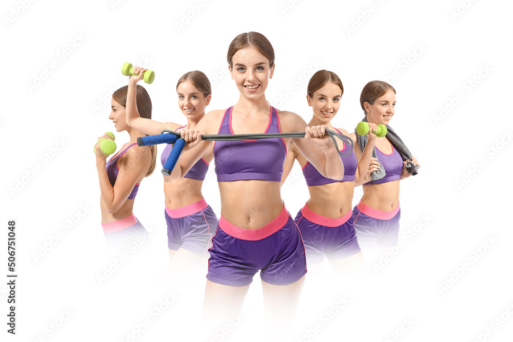 Collage with sporty young woman training against white background