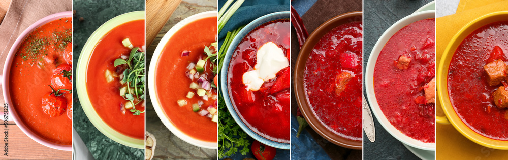 Set of tasty red soups in bowls, top view