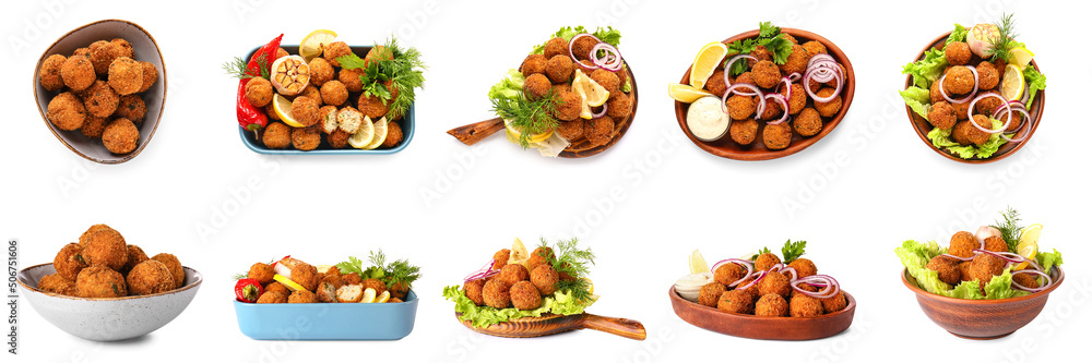 Set of tasty cod cutlets on white background