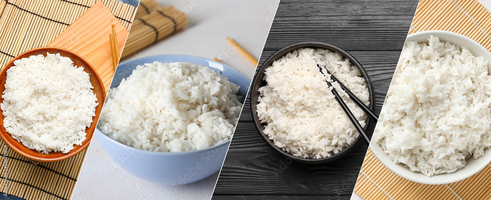 Set of tasty boiled white rice on table