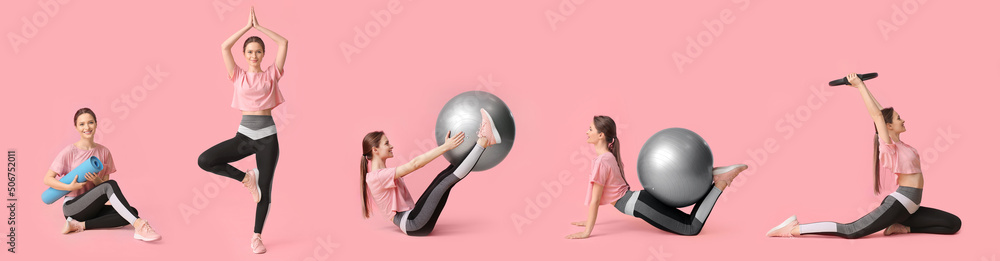 Set of sporty young woman doing yoga and pilates on pink background