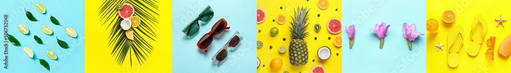 Summer collage of tropical fruits with beach accessories on colorful background