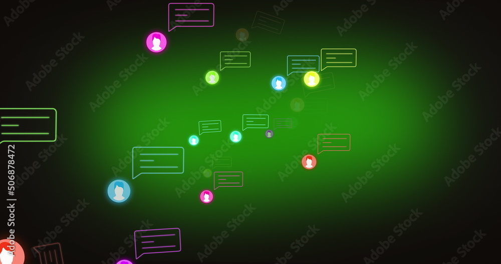 Image of media icons and speech bubbles on green background