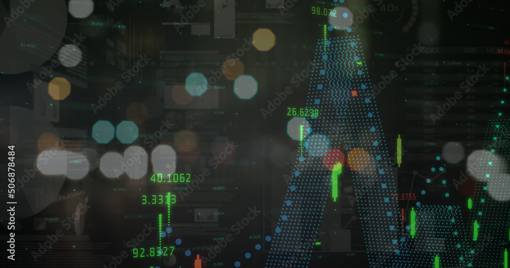 Image of statistics and financial data processing over out of focus city road lights