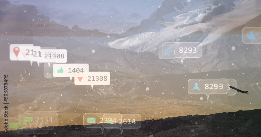 Image of social media icons and numbers over landscape background