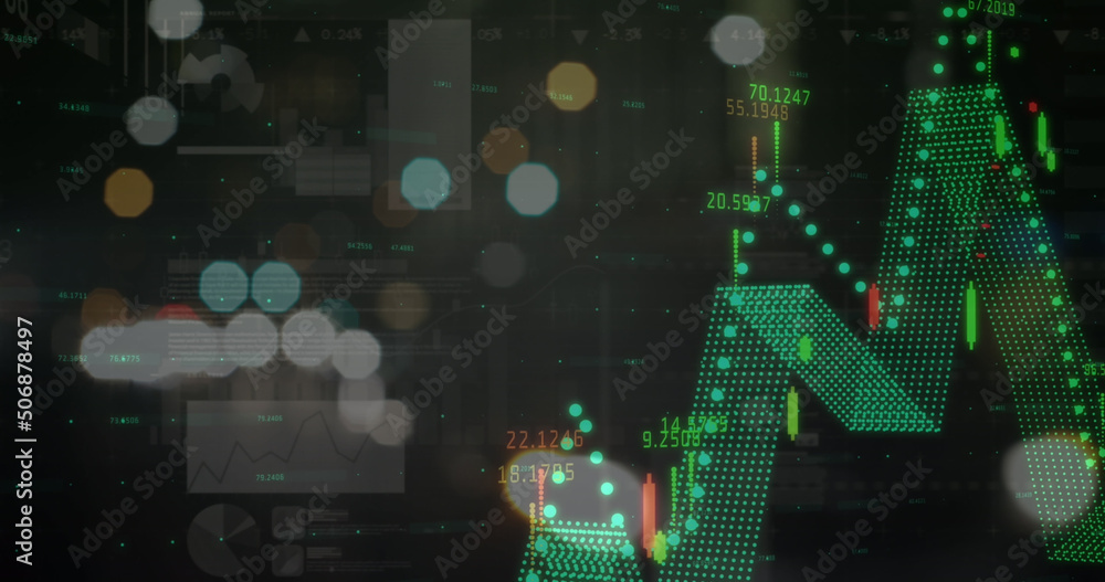 Image of statistics and financial data processing over out of focus city road lights