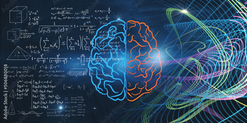 Machine learning illustration concept of blue and red brain parts, mathematical formulas and multi-c