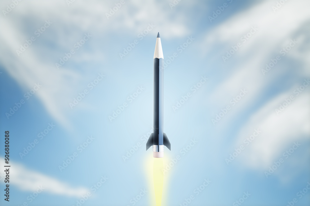 Creative idea concept with blue rocket veiled pencil soaring into the sky