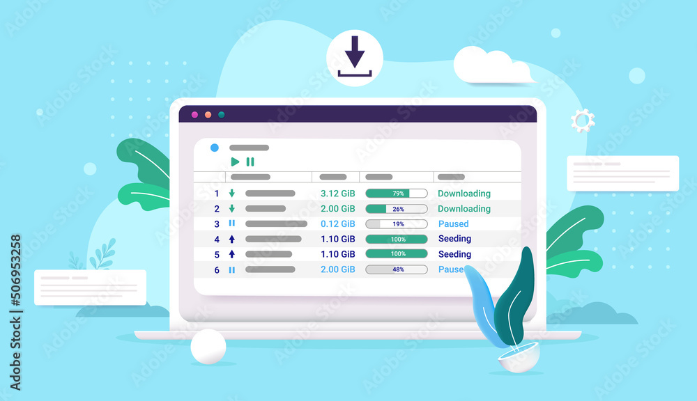 笔记本电脑屏幕上的Torrent客户端从互联网下载文件。半平面矢量插图