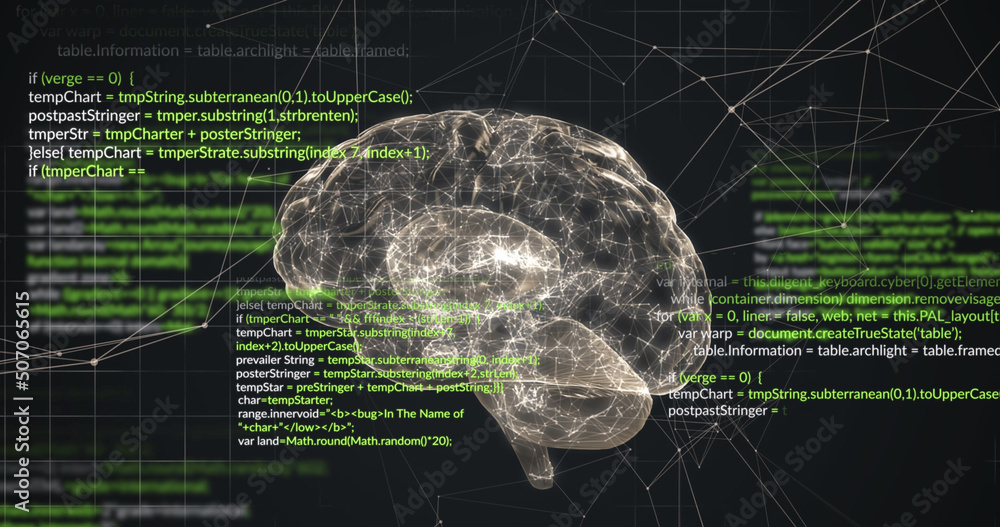 Image of digital brain and data processing on black background