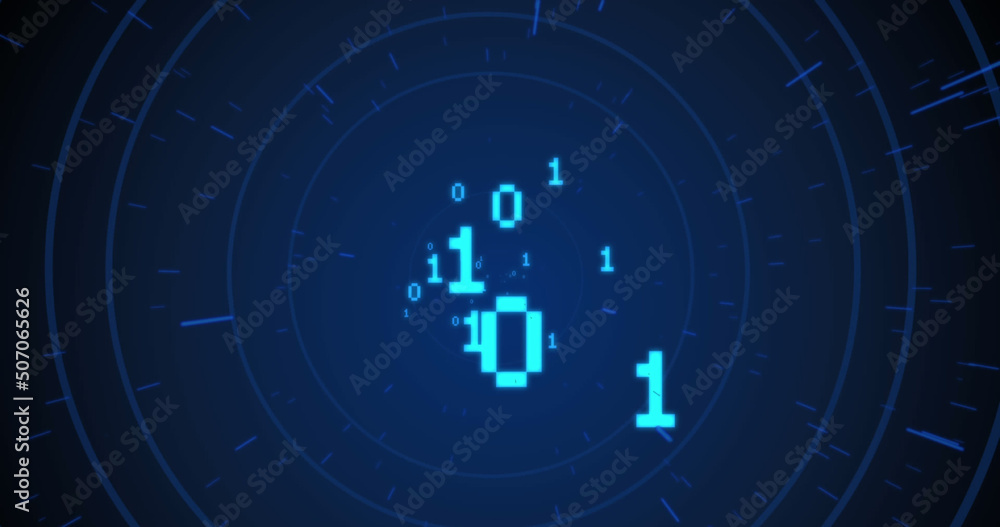 Image of data processing and circles on black background