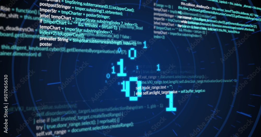 Image of data processing and circles on black background