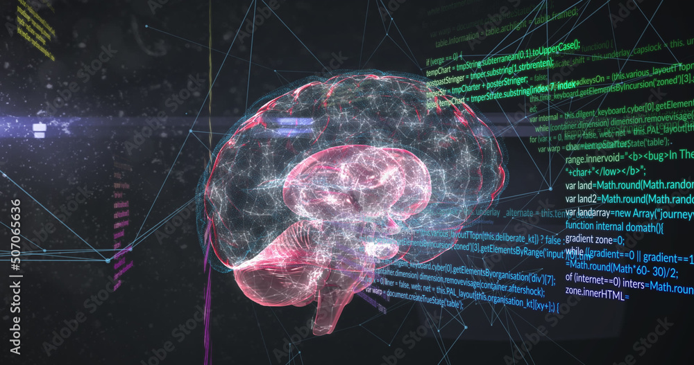 Image of digital brain and data processing on black background