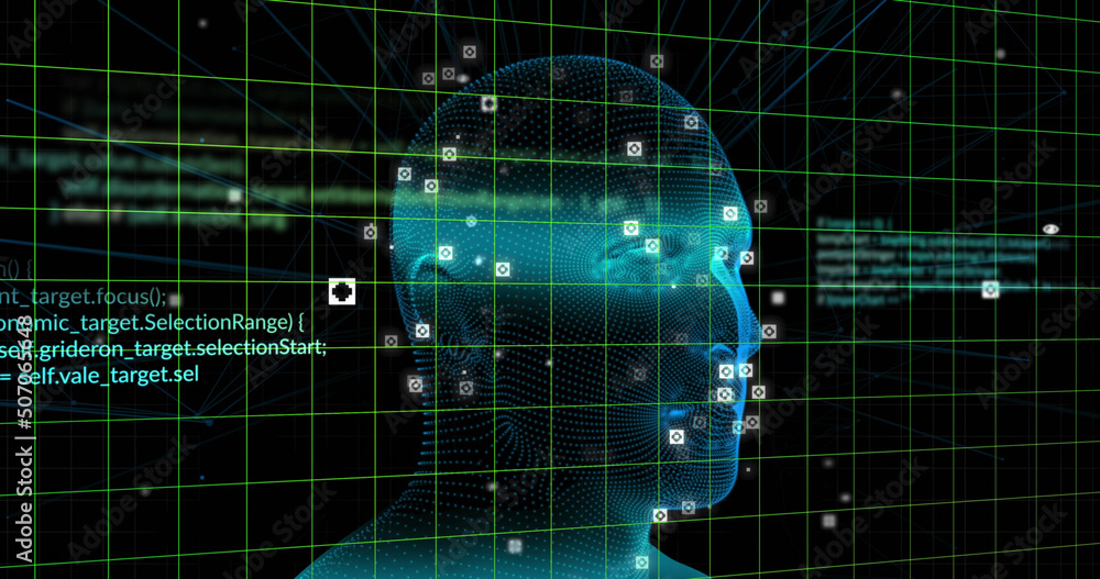 Image of digital head and data processing on black background