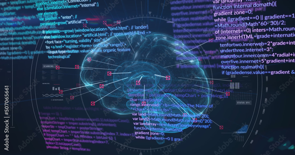 Image of digital brain and data processing on black background