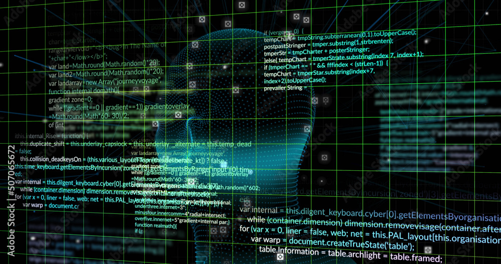 Image of digital head and data processing on black background