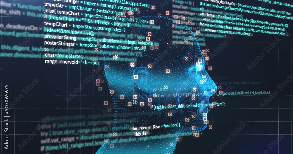 Image of digital head and data processing on black background