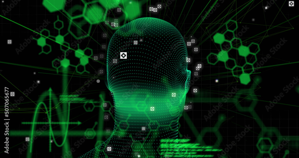 Image of digital head and data processing on black background