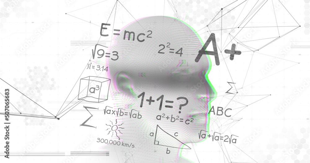 Image of digital head and mathematical equations on white background