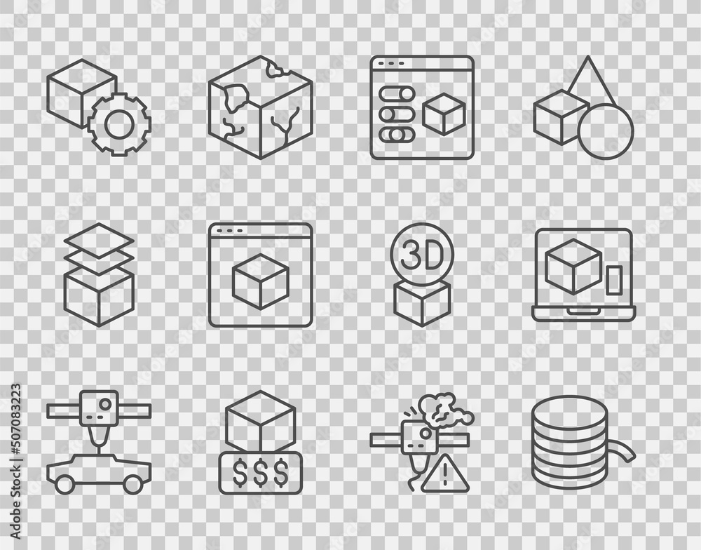 设置线3D打印机车，Filament for，services，Isometric cube，warning and icon.Vvector