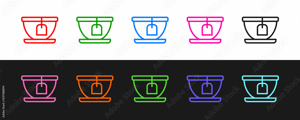 Set line Cup with tea bag icon isolated on black and white background. Vector