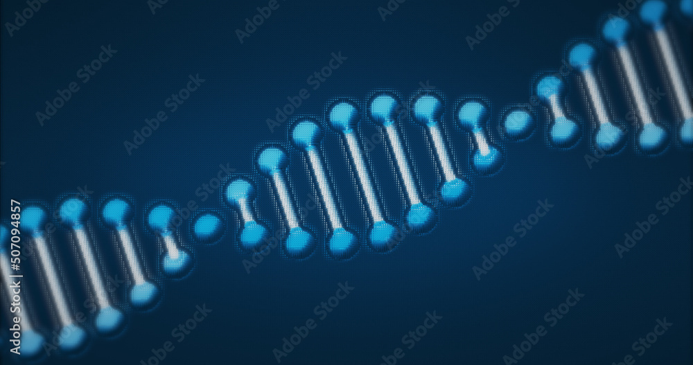 像素化数字三维蓝白双螺旋dna链在蓝色背景上旋转的图像。