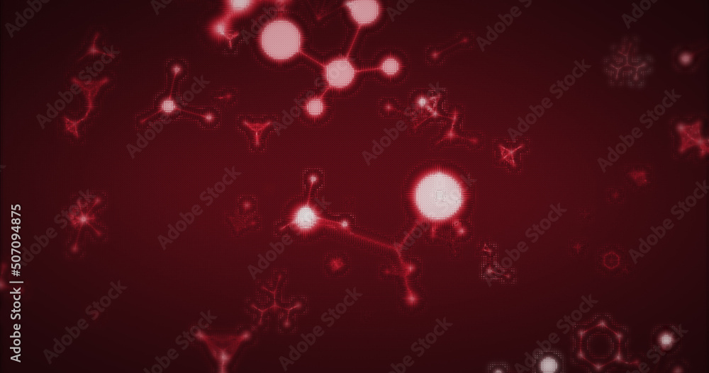 多个3d发光的红色分子在红色上以无缝循环的方式移动和旋转的图像