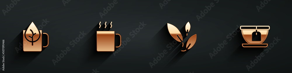 Set Cup of tea with leaf, Tea and bag icon with long shadow. Vector