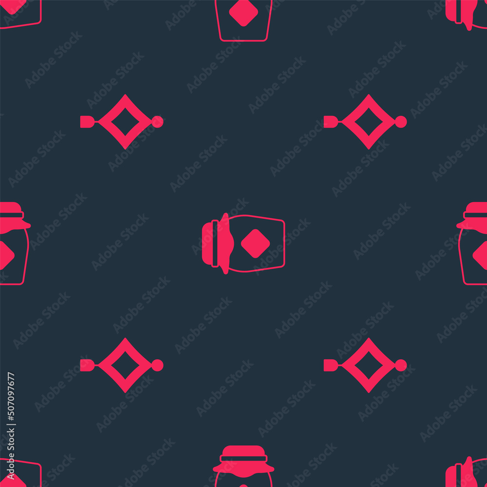 Set Chinese paper lantern and Jar of honey on seamless pattern. Vector