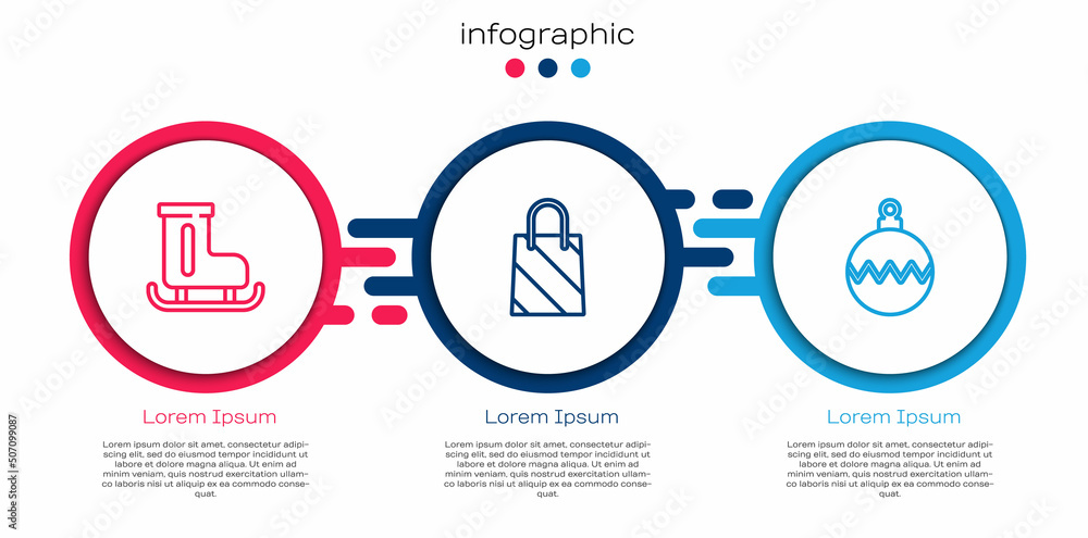 套装花样滑冰鞋、圣诞购物袋和球。商业信息图模板。矢量