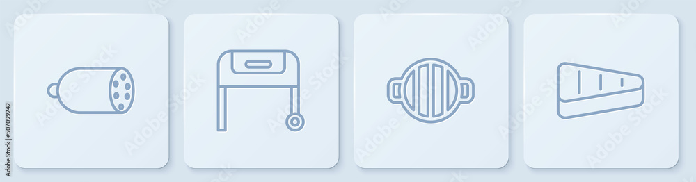 套餐萨拉米香肠、烧烤架和牛排。白色方形按钮。矢量