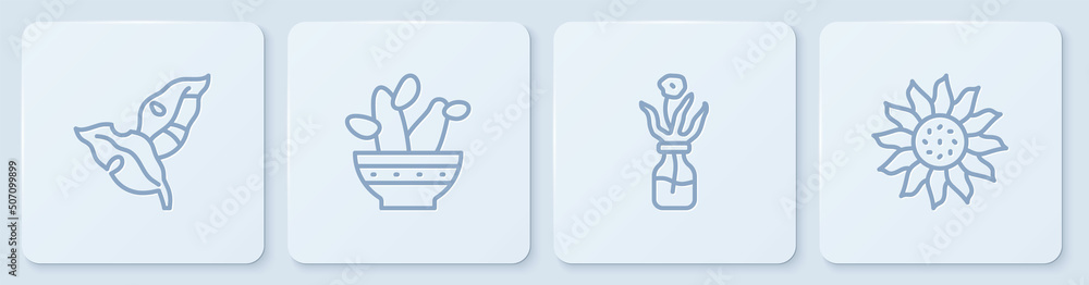 Set line Tropical leaves, Flower in glass bottle, Cactus peyote pot and . White square button. Vecto