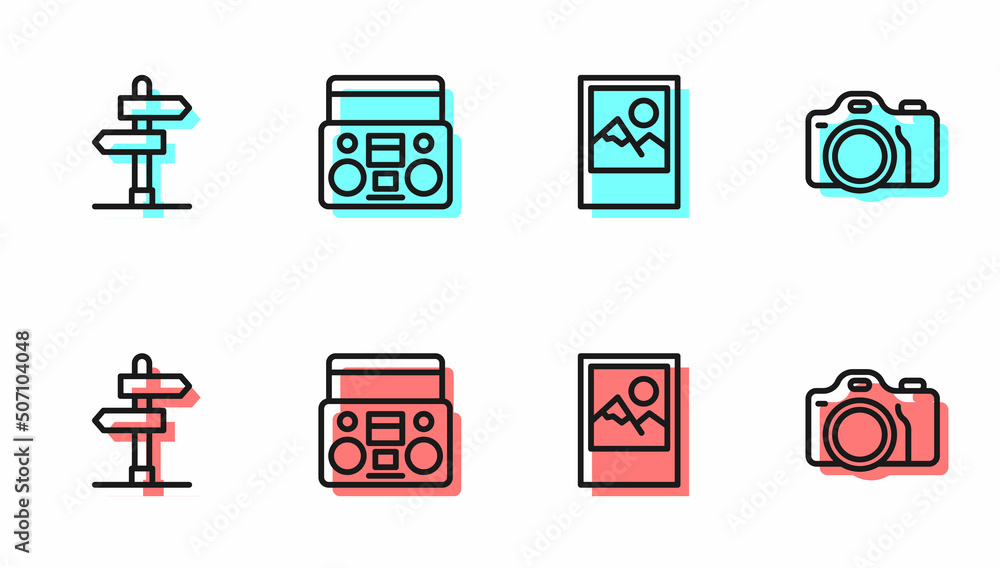 Set line Photo frame, Road traffic sign, Home stereo with two speakers and camera icon. Vector