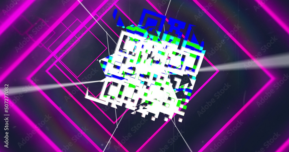 Image of pink neon geometrical shapes over colorful qr codes