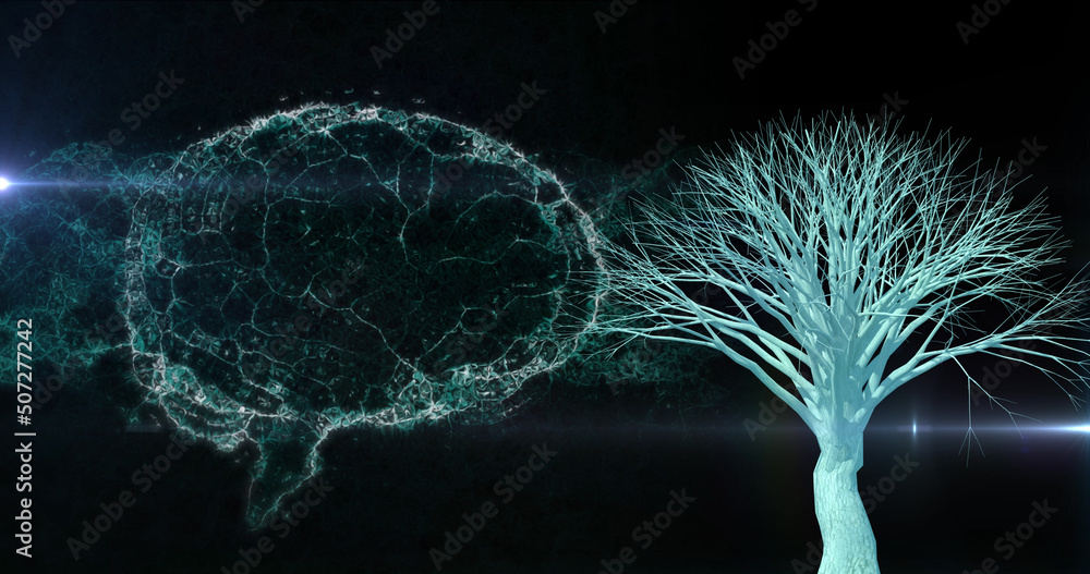 Image of brain rotating over black background with lights and tree