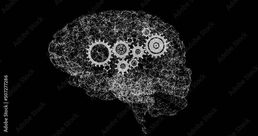 Image of brain rotating over black background with gears