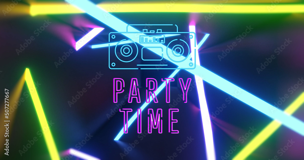 Image of party time, radio and neon shapes on black background