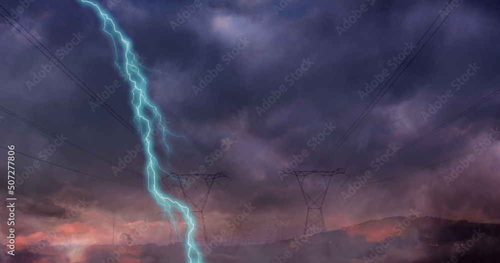 Image of storm with blue lightnings and grey clouds over electric pylons