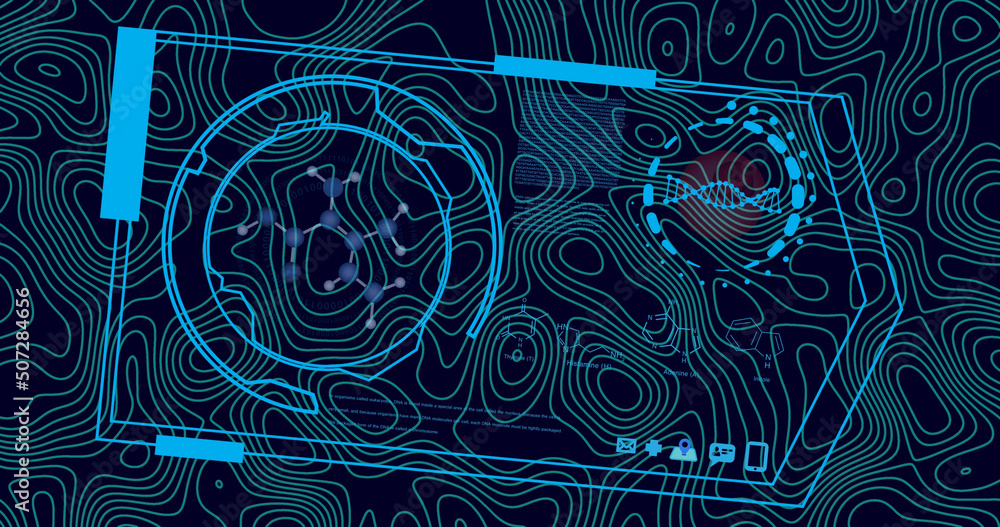 Image of data processing over black background with isohypses