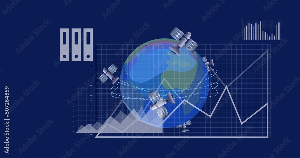 Image of data processing and globe over blue background