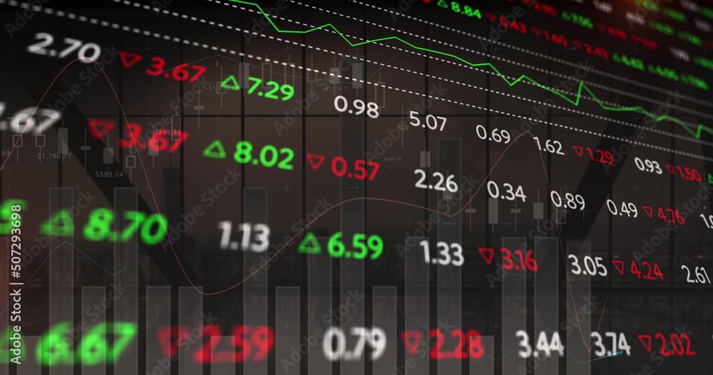 Image of financial data processing and stock market over empty office