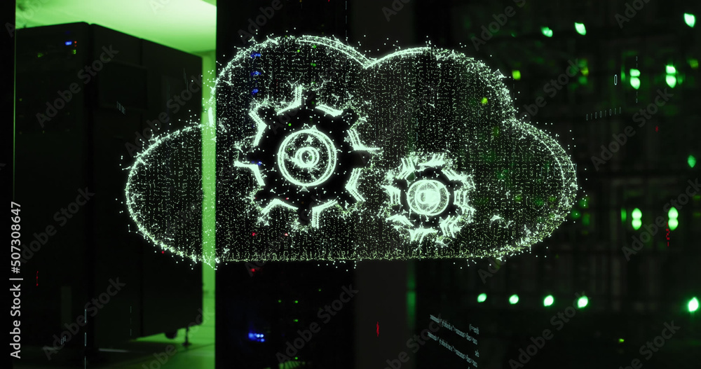 Image of cloud with cogs over server room