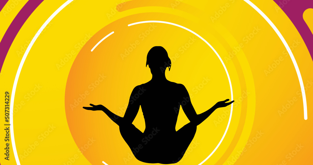 Image of woman meditating silhouette on yellow background