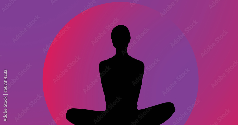 Image of woman meditating silhouette on purple background