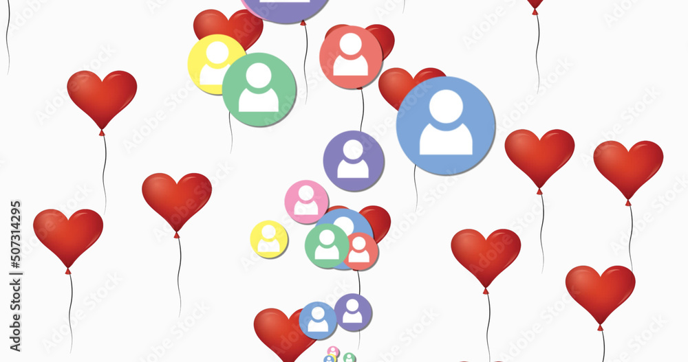 Image of hearts and social media user icons over white background