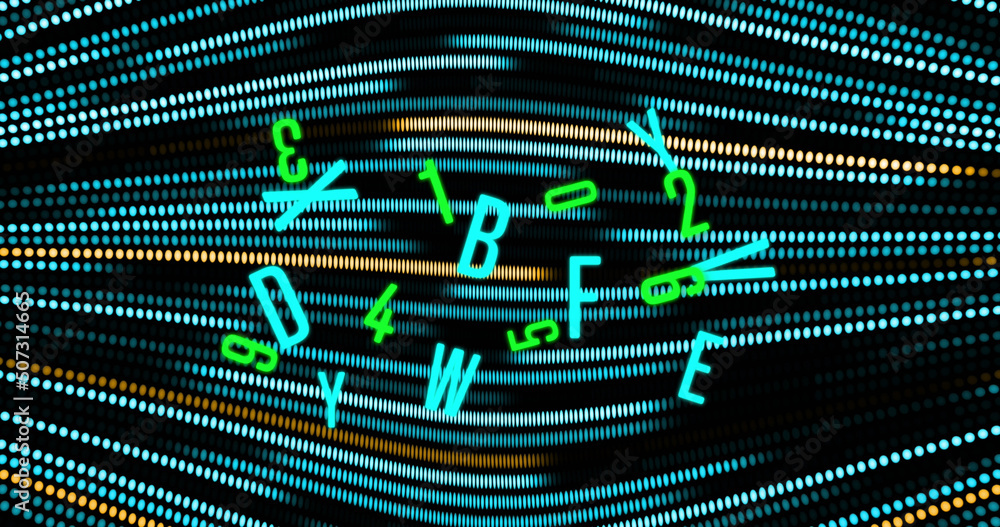 Image of letters and numbers over spots on black background