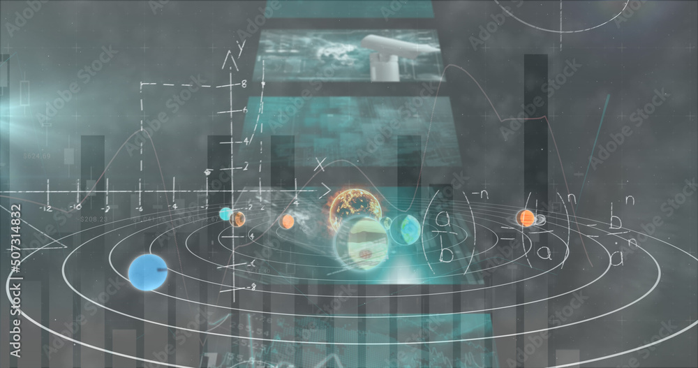 Image of solar system and mathematical equations with data processing